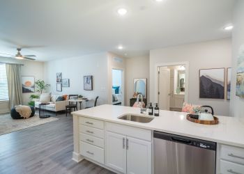 Acclaim at Greenbrier apartment homes with Modern open-concept apartment with kitchen, living room, and bedroom visible, decorated in neutral tones.