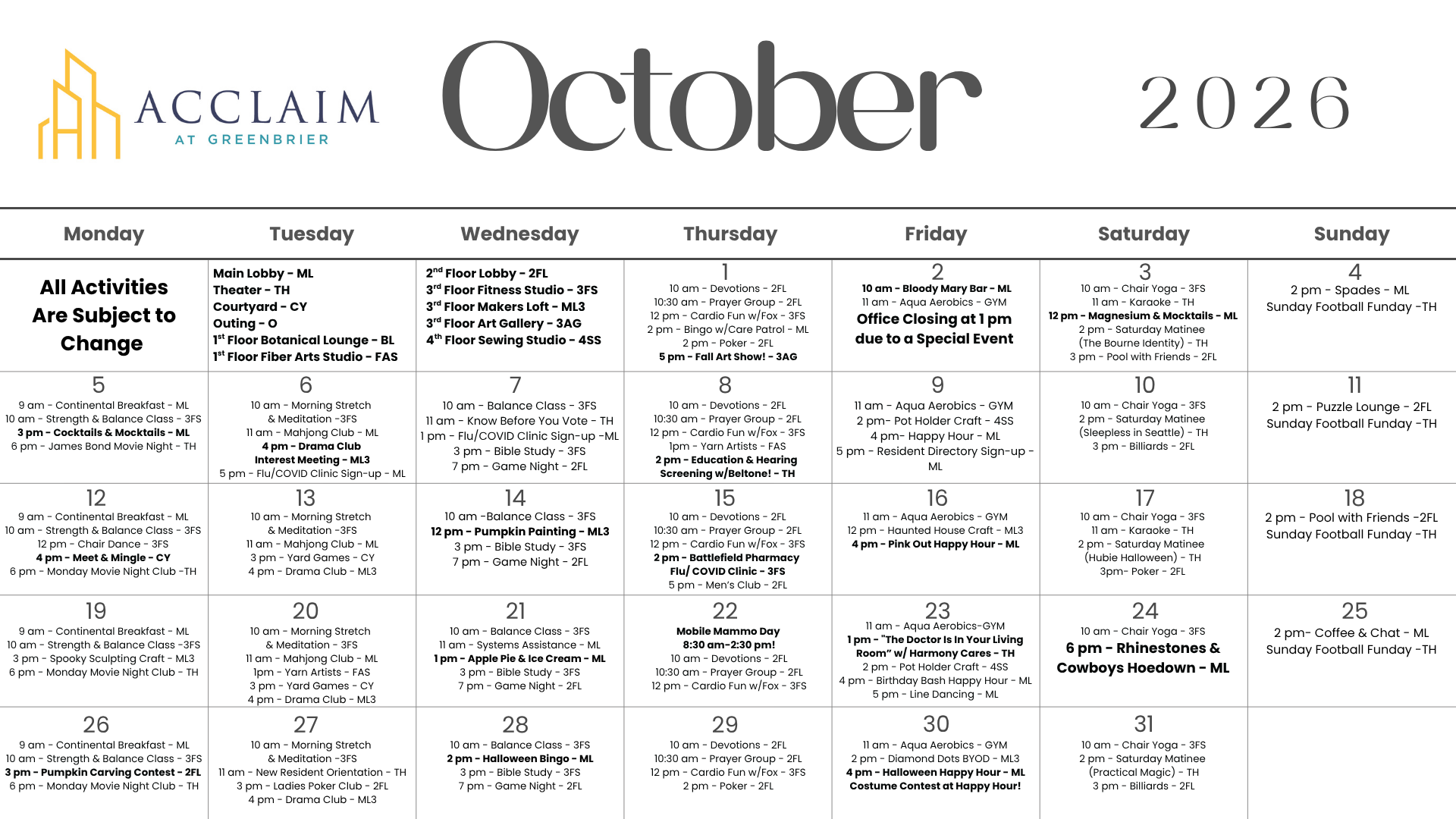 Attain on 5th apartment homes with Acclaim at Greenbrier October 2026 events calendar.