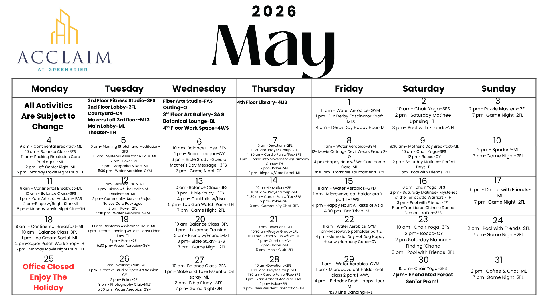 Attain on 5th apartment homes with May 2026 calendar of events for Acclaim at Greenbrier, including daily activities and special events.