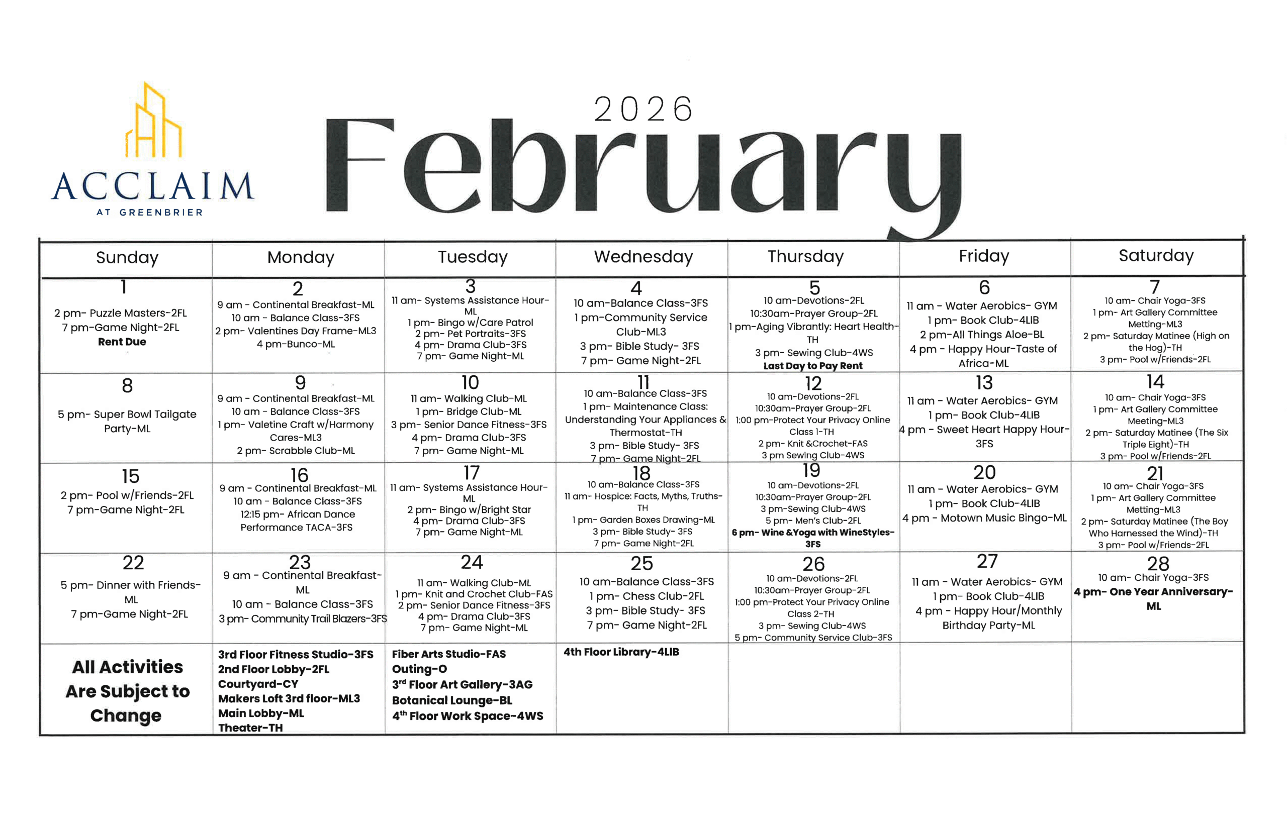Attain on 5th apartment homes with February 2026 activity calendar for Acclaim at Greenshire, listing daily events and times in a grid format.