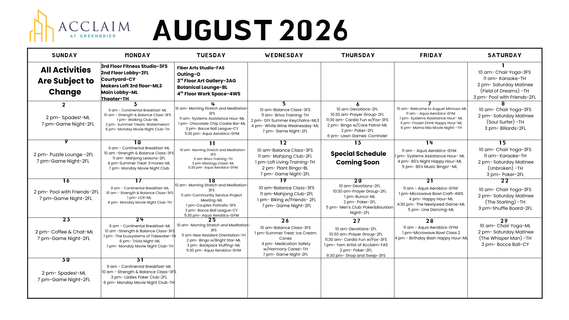 Attain on 5th apartment homes with August 2026 activity calendar for Acclaim at Greenbrier with daily events and notes in a grid layout.