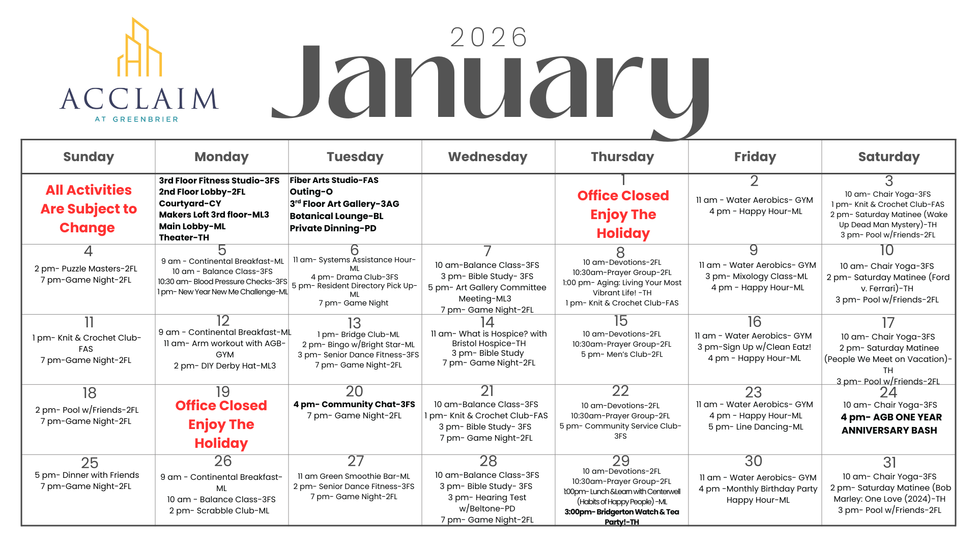 Attain on 5th apartment homes with January 2026 activity calendar for Acclaim at Greenbrier with daily events and holidays noted.