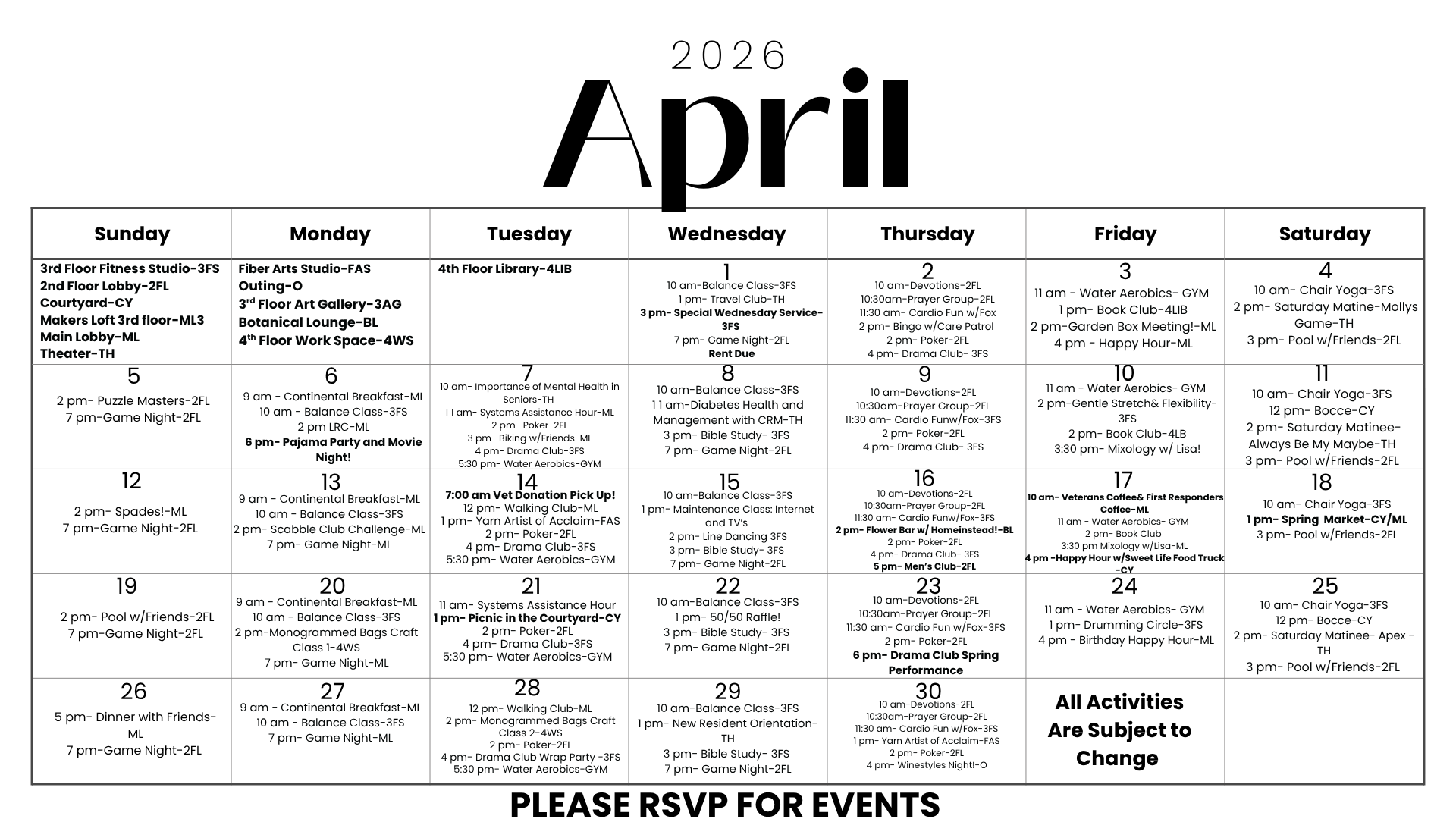 Attain on 5th apartment homes with April 2026 calendar with daily events and activities listed for each day, including fitness, crafts, and socials.
