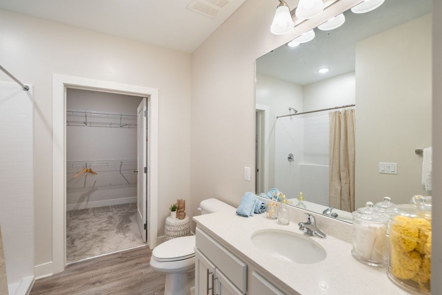 Acclaim at Greenbrier apartment homes with Modern bathroom with a large mirror, sink, and view of an adjacent walk-in closet with wire shelving.