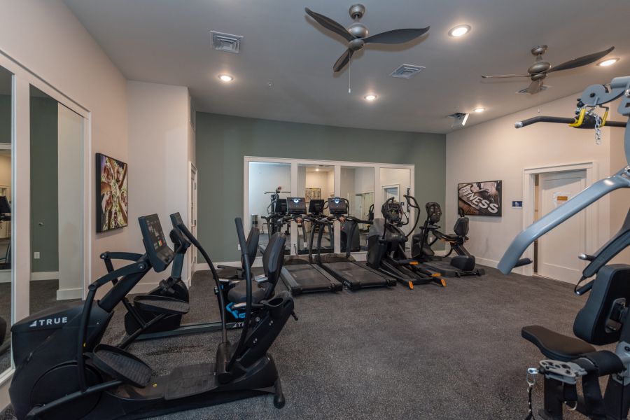 Acclaim at Greenbrier apartment homes with A modern gym with treadmills, ellipticals, and mirrors, featuring neutral walls and ceiling fans.